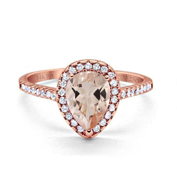 14K Rose Gold 1.48ct Teardrop Pear 8mmx6mm G SI Natural Morganite Diamond Engagement Wedding Ring Size 6.5